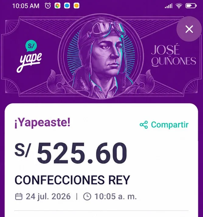Captura de la constancia de Yape que manda la clienta: S/ 525.60 a Confecciones Rey, 24 de julio de 2026, 10:05 a. m.